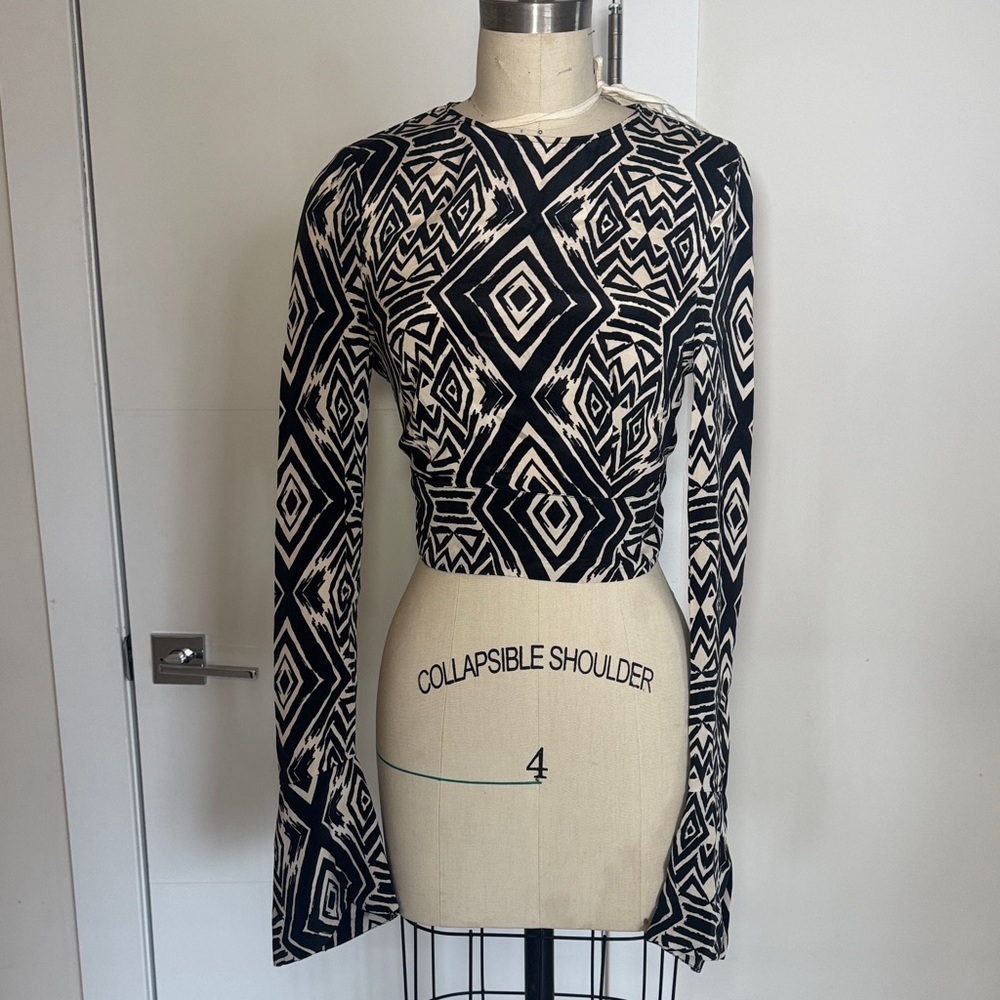 Ronny Kobo Cropped Geometric Top Open Back Tie Waist Flared Cuff